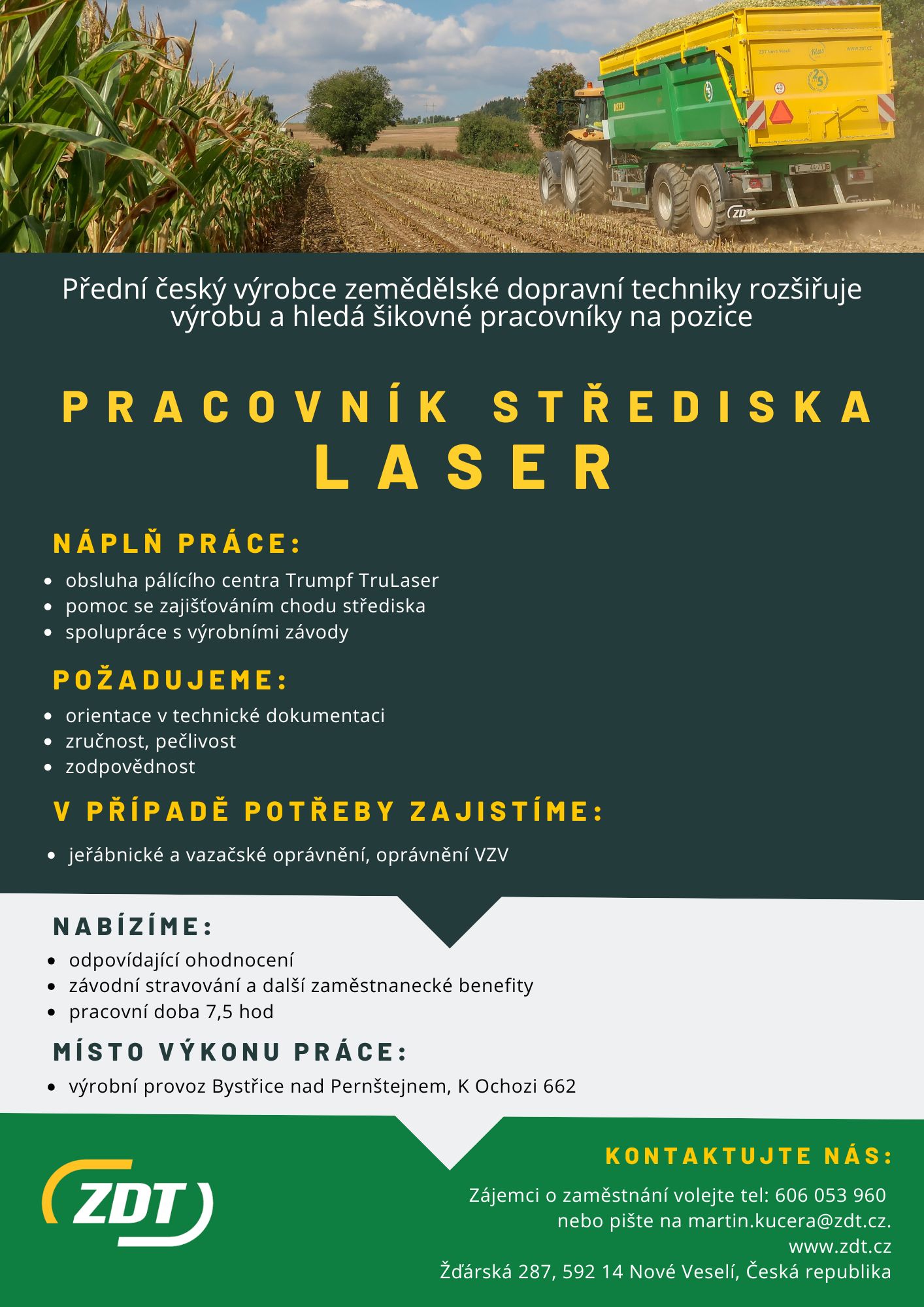 Nabídka zaměstnání - pozice PRACOVNÍK STŘEDISKA LASER